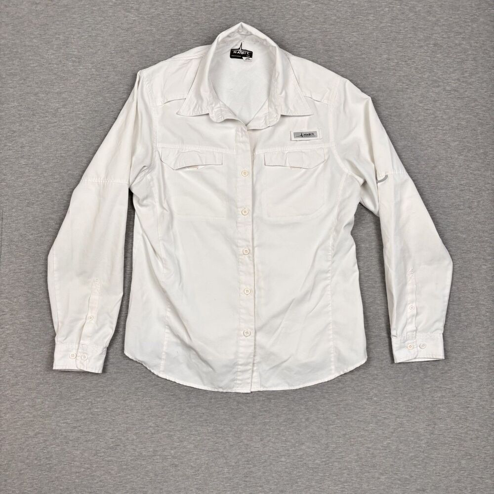 Habit Ladies Size Large UPF 40 Button Down Long Sleeve Shirt Bright White Vented